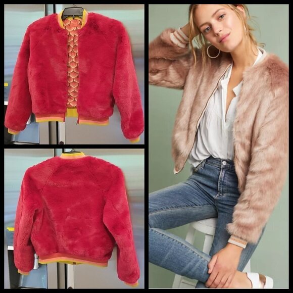 💕MOTHER💕 Letterman Faux Fur Bomber Jacket ~ Red - Picture 1 of 11